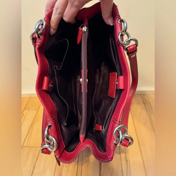 Coach Red Pebbled Leather Turnlock Tote Shoulder Bag Silver Hardware - Picture 6 of 11